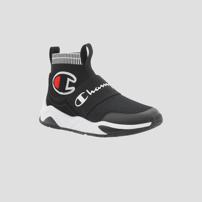 The Champion Kids' Rally Pro features a black mesh slip-on design with white and red logo details, a white and black sole, and a sock-style ankle collar for a modern kids' sneakers look.
