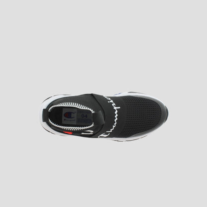 Top view of the Champion Kids' Rally Pro, a black knit sneaker with a wide elastic midfoot strap, white sole, mesh upper, and Champion logo on the insole and strap—ideal for fans of sock-style ankle shoes.