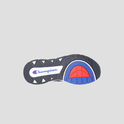 The image displays the sole of the Champion Men's Rally Pro sneaker, featuring a black and white tread with blue and red sections and "Champion" in blue on white, emphasizing its cushioned insole for comfort.