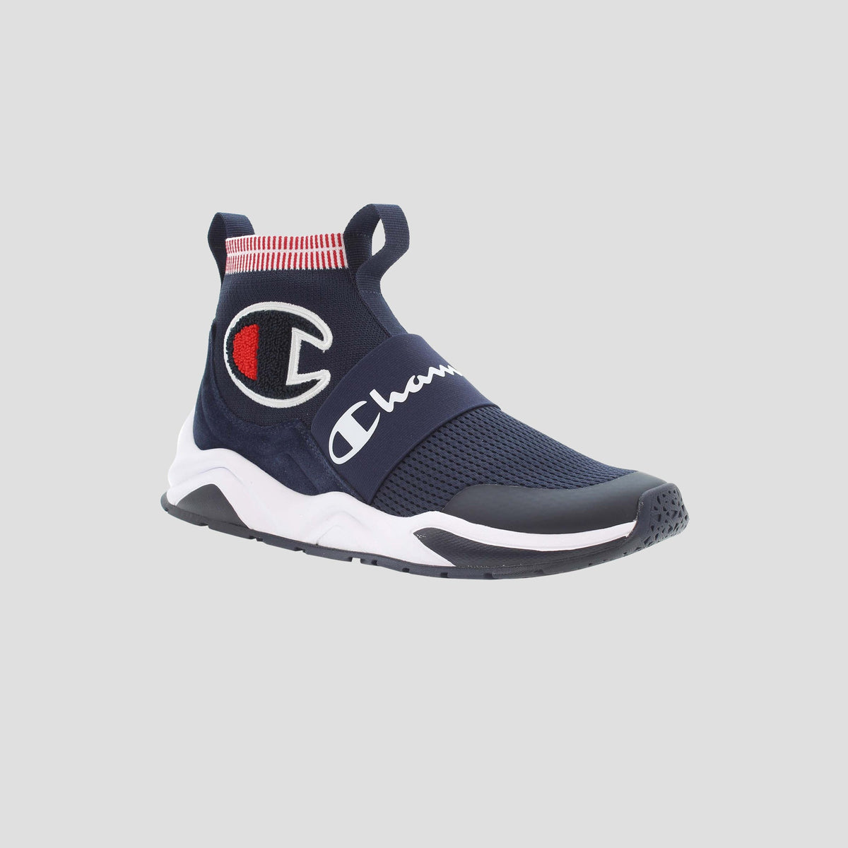 The Champion Men's Rally Pro is a navy blue high-top athletic sneaker with a white sole, red and white accents, large side Champion logo, branded elastic strap, sock-like high ankle design, and cushioned insole for comfort.
