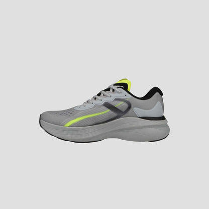 The Men's Acceleron by Champion is a light gray running shoe with black and neon yellow accents, white laces and sole, and a black heel trim, displayed in side profile on a plain background.