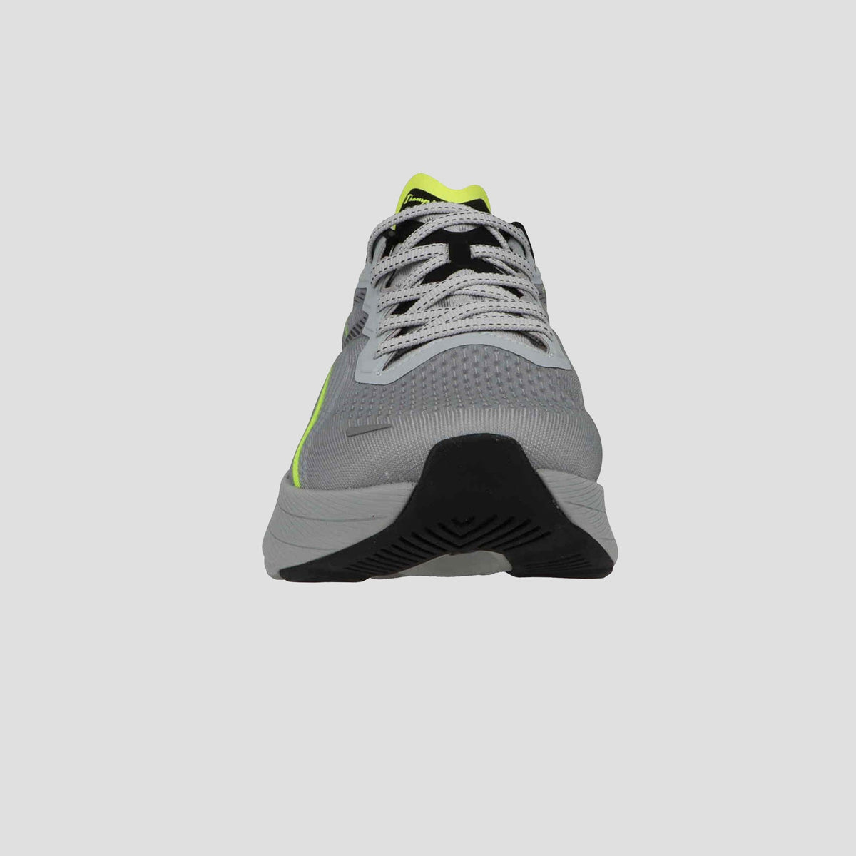 A front view of the Champion Men's Acceleron sneaker in gray features white laces, a black sole, and neon yellow accents, set against a plain light gray background.
