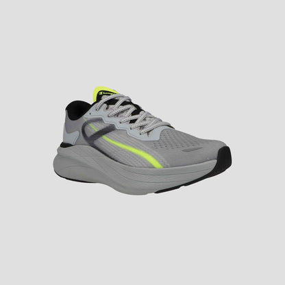 The Men's Acceleron by Champion is a gray running shoe with a black sole, neon yellow accents, and a mesh upper, shown from the front-side against a plain light gray background.