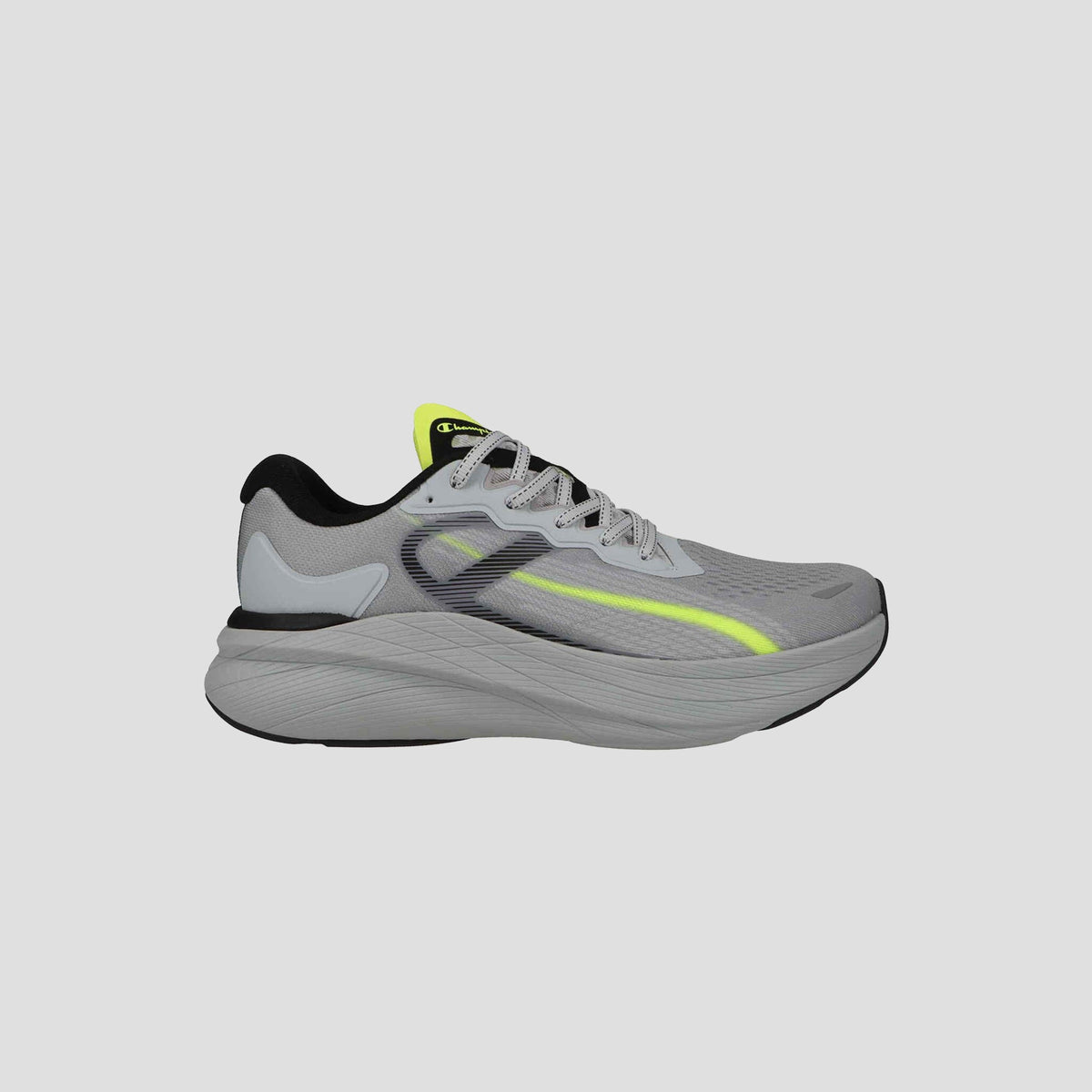 A side view of the Champion Men's Acceleron in gray with a white sole, black heel, neon yellow accents, and white laces, set against a plain light gray background.