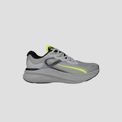 A side view of the Champion Men's Acceleron in gray with a white sole, black heel, neon yellow accents, and white laces, set against a plain light gray background.