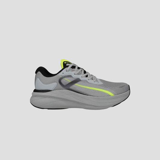 A side view of the Champion Men's Acceleron in gray with a white sole, black heel, neon yellow accents, and white laces, set against a plain light gray background.
