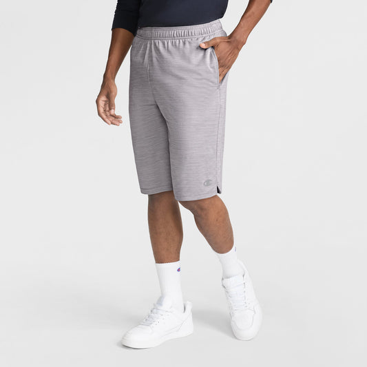 Gray 10″ Moisture Wicking, Sport Shorts by Champion, featuring a knee-length performance design with side pockets and a small logo on the lower left leg.