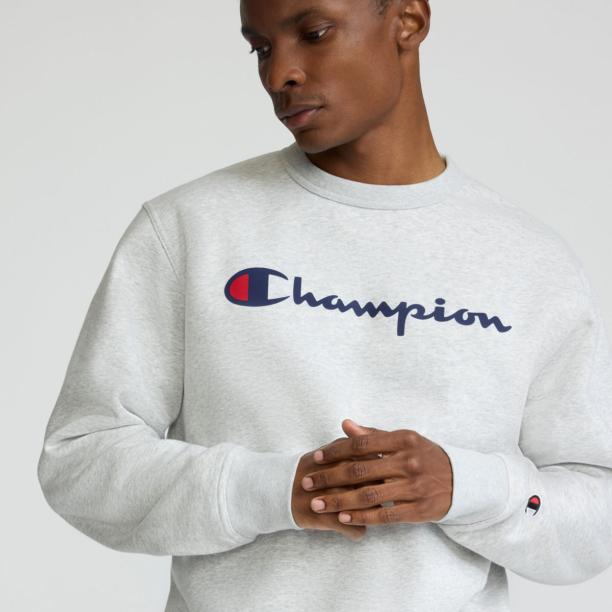 Champion Powerblend Crewneck Sweatshirt, Classic Script Logo in Platinum Silver Heather