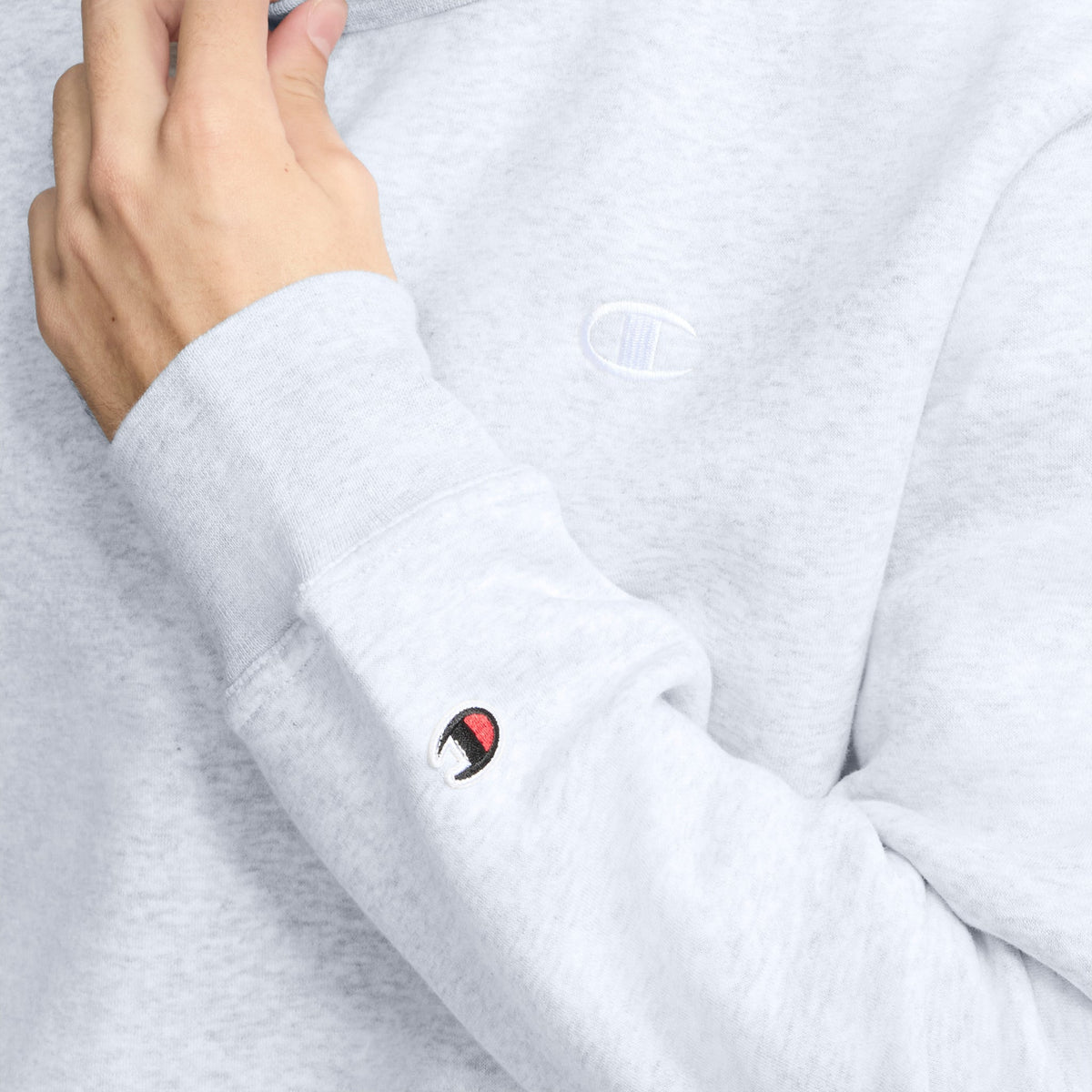 Champion Powerblend Crewneck Sweatshirt, C Logo in Platinum Silver Heather