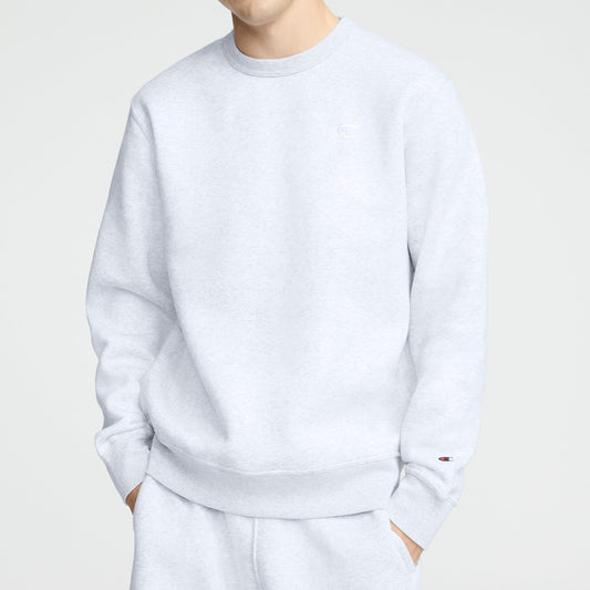Champion Powerblend Crewneck Sweatshirt, C Logo in Platinum Silver Heather