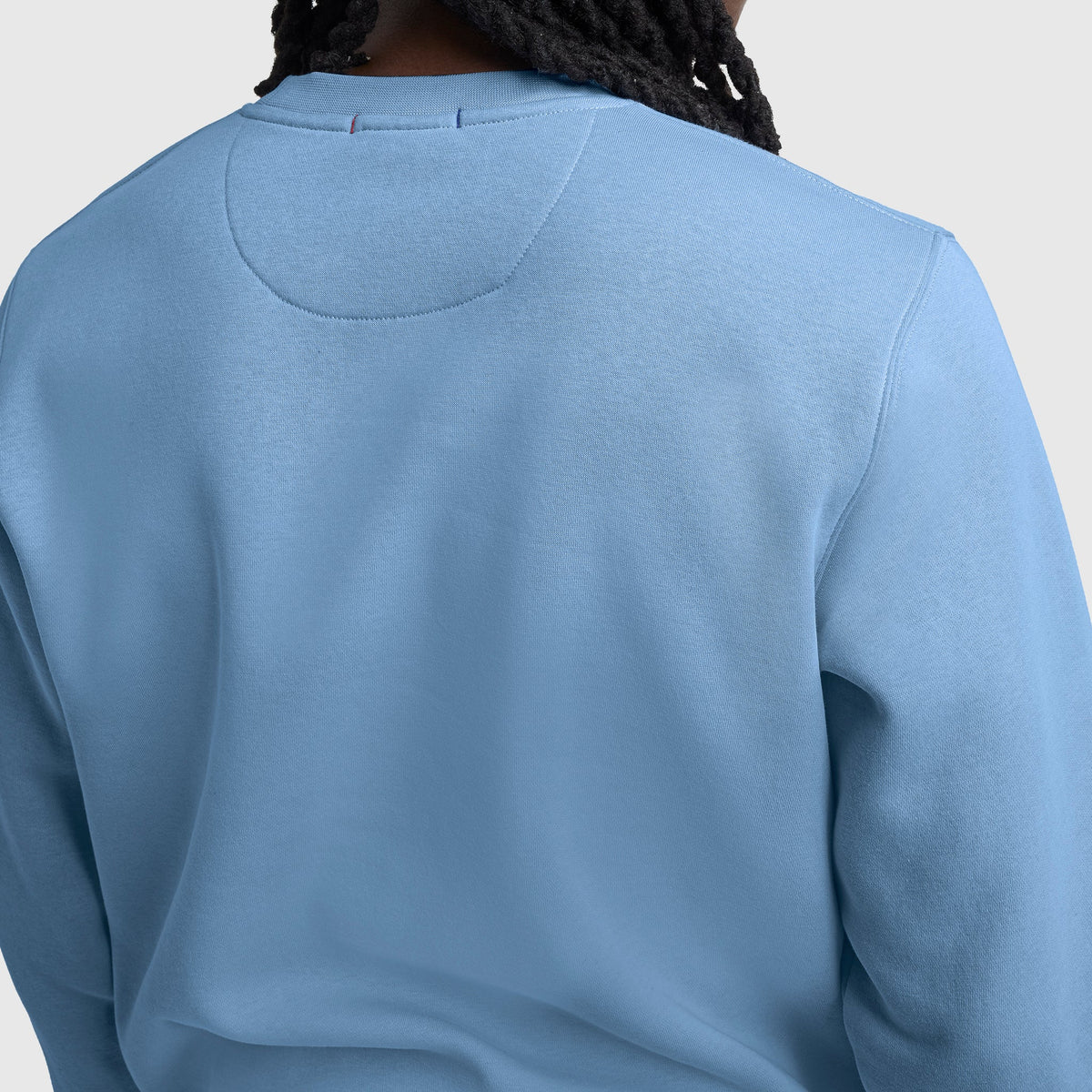 A person with long, dark braided hair is seen from the back, wearing a light blue Champion Powerblend Crewneck Sweatshirt with C Logo against a plain, light gray background.