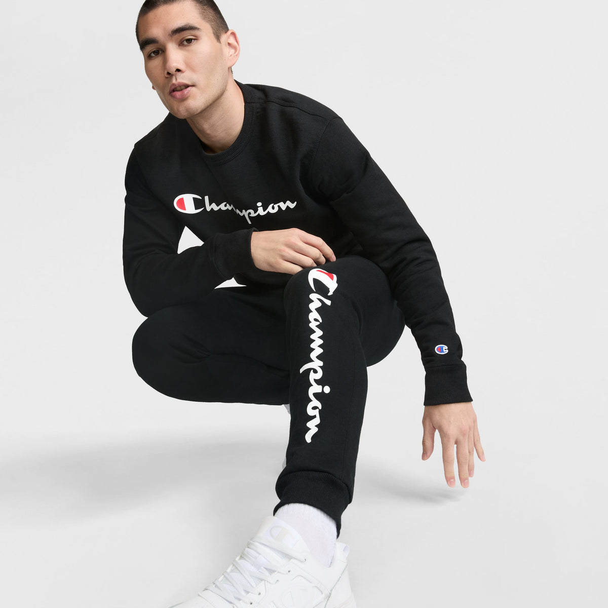 Champion Powerblend Crewneck Sweatshirt, Classic Script Logo in Black