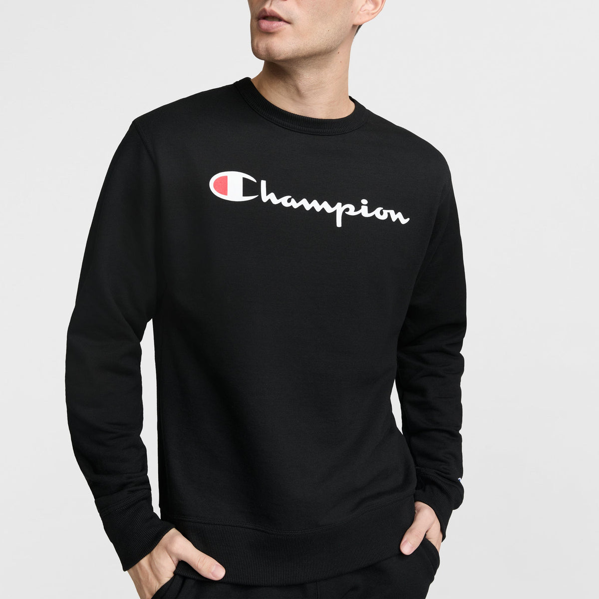 Champion Powerblend Crewneck Sweatshirt, Classic Script Logo in Black