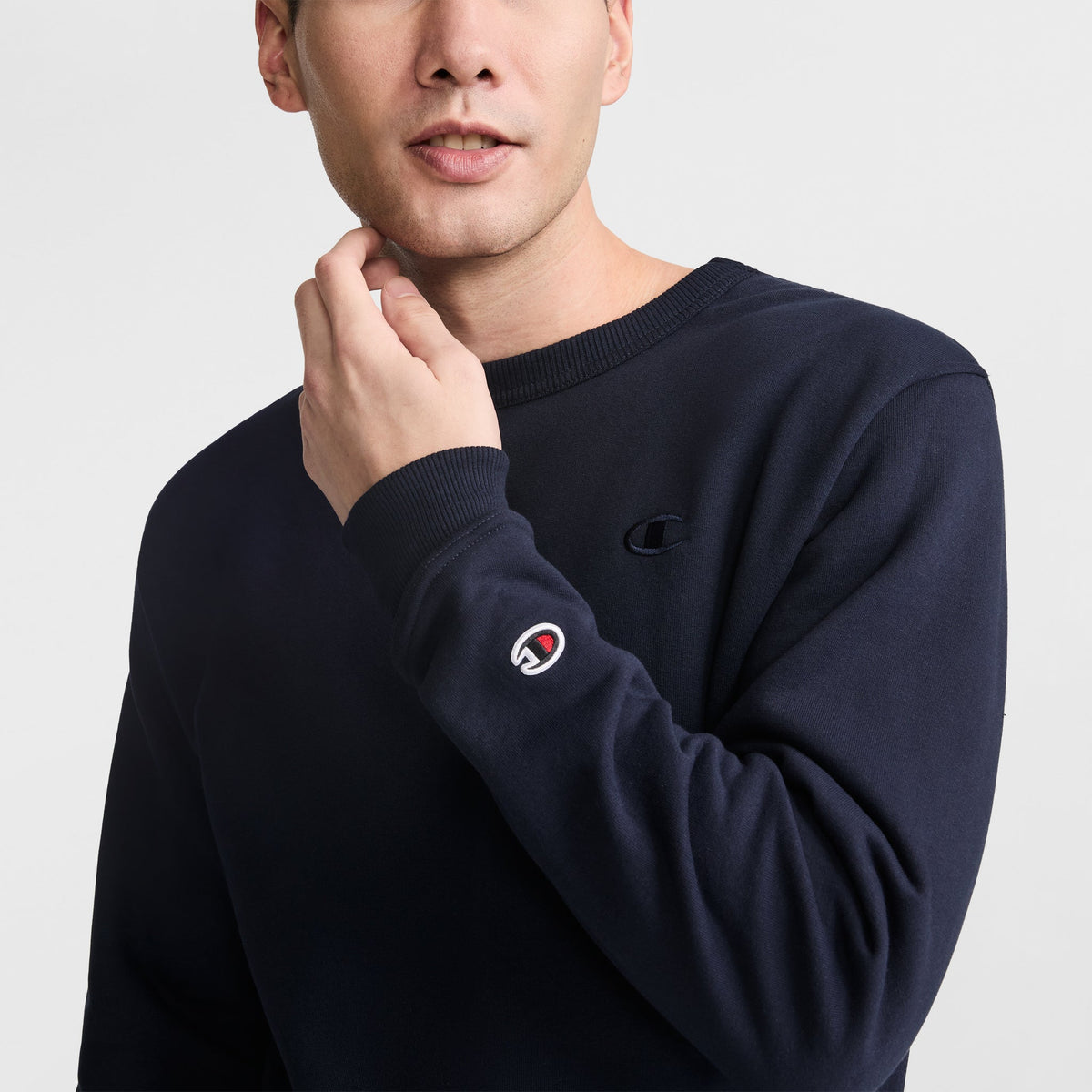 Champion Powerblend Crewneck Sweatshirt, C Logo in Navy