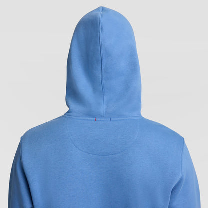 A person is shown from the back, wearing the Champion Powerblend Hoodie, Full Script Logo in light blue with the hood up, set against a plain light background.
