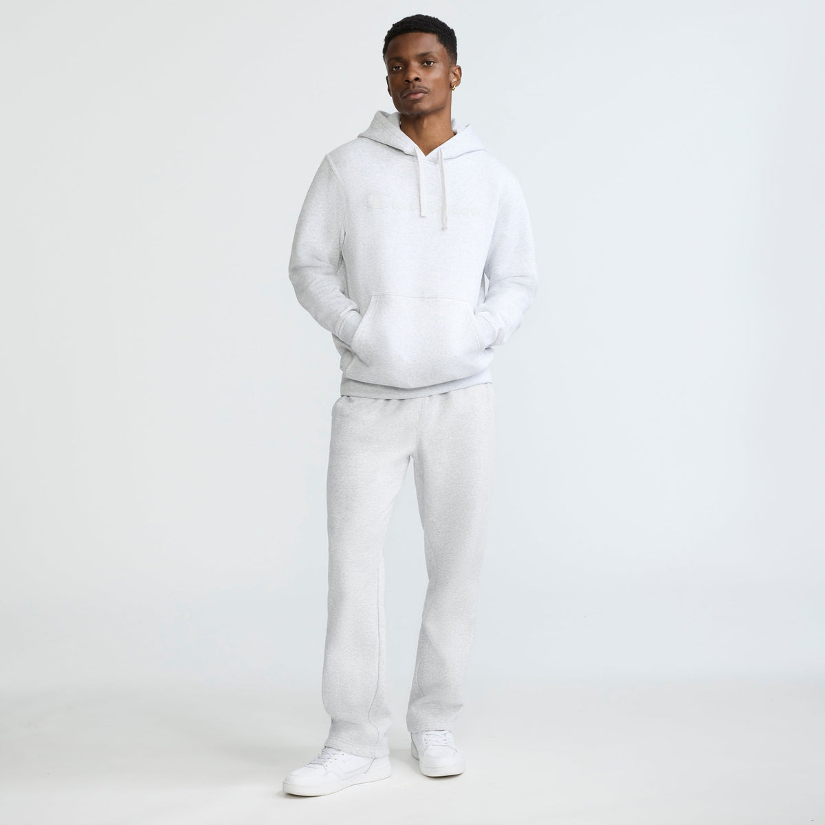Champion Powerblend Hoodie, Tonal Script Logo in Platinum Silver Heather