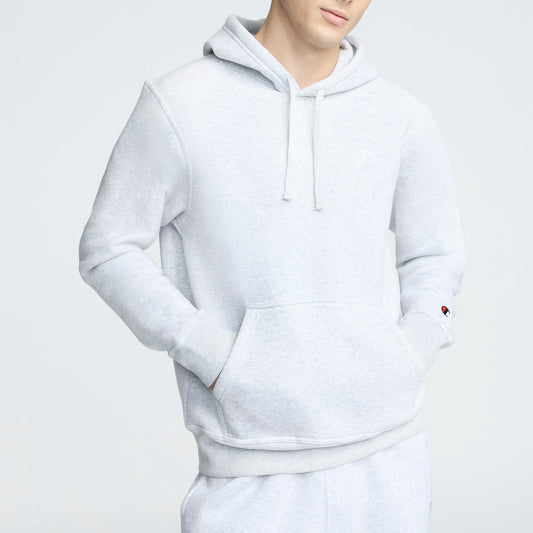 Champion Powerblend Hoodie, C Logo in Platinum Silver Heather