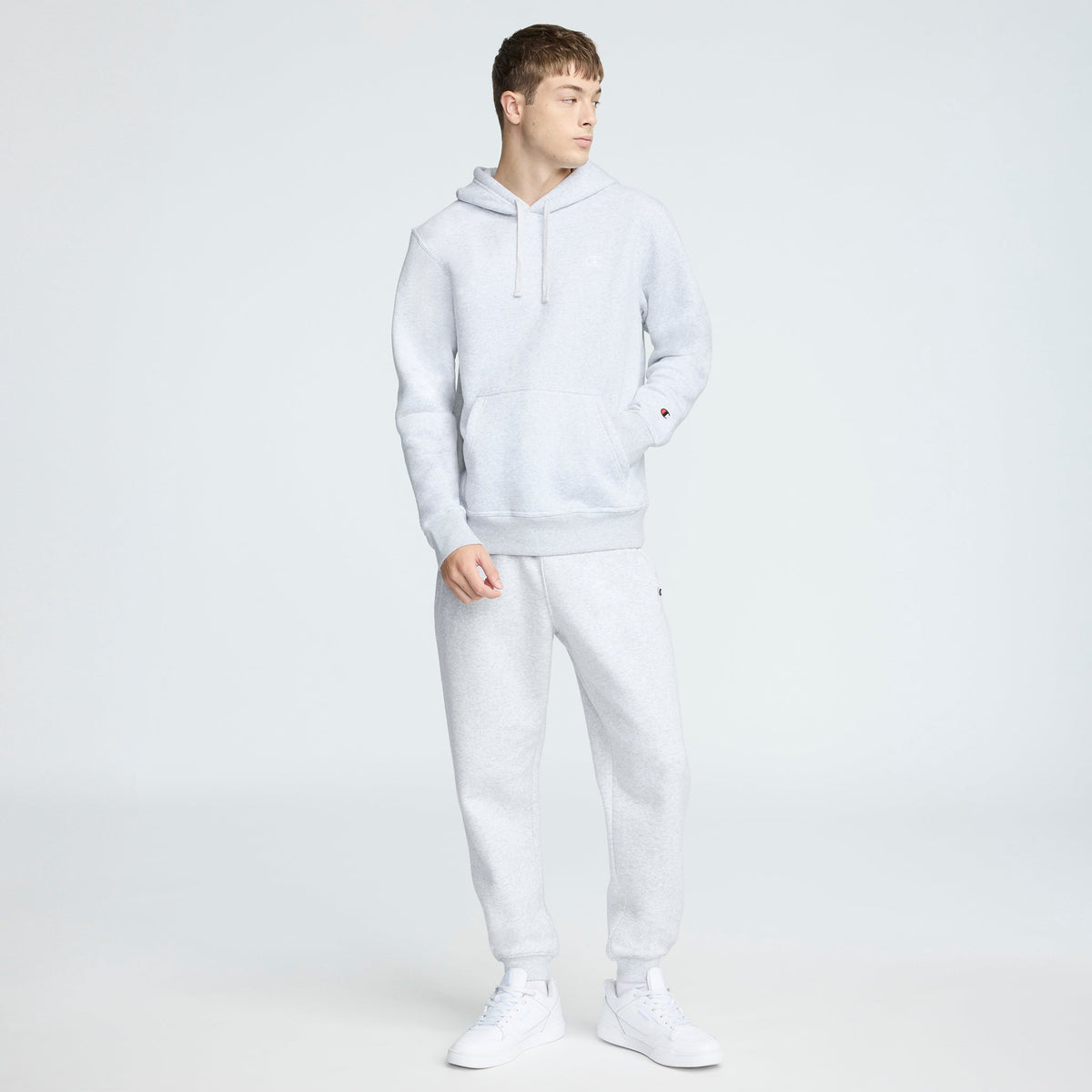 Champion Powerblend Hoodie, C Logo in Platinum Silver Heather