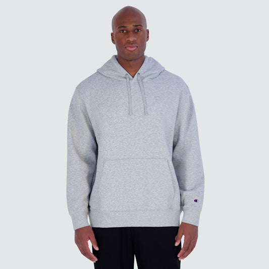 A grey Champion Powerblend Hoodie, C Logo - Big & Tall featuring a front kangaroo pocket and a small logo on the chest and left sleeve.