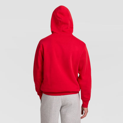Back view of a person wearing a red Powerblend Hoodie, C Logo and grey sweatpants.