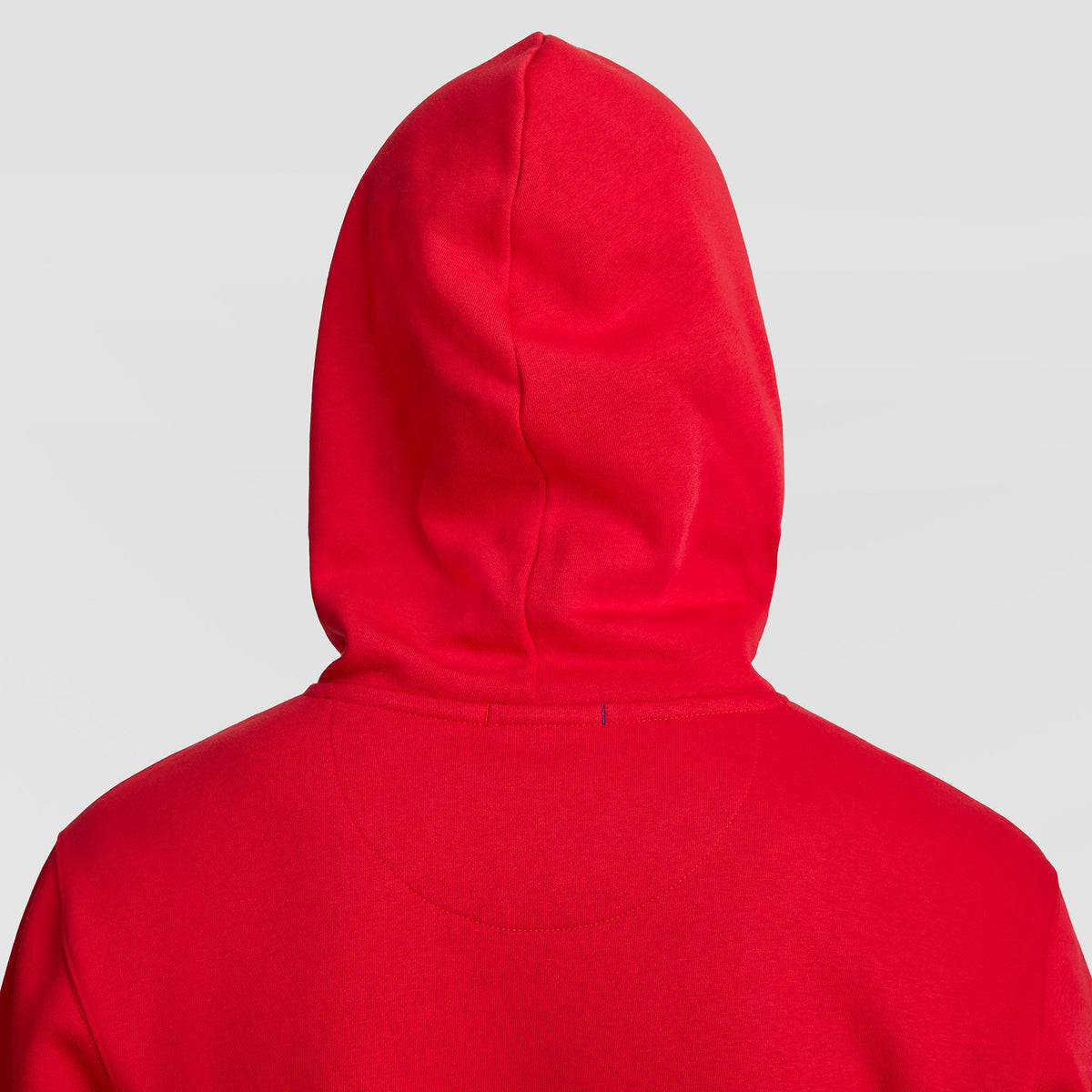 Back view of a red Champion Powerblend Hoodie, C Logo.