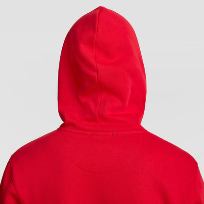 Back view of a red Champion Powerblend Hoodie, C Logo.