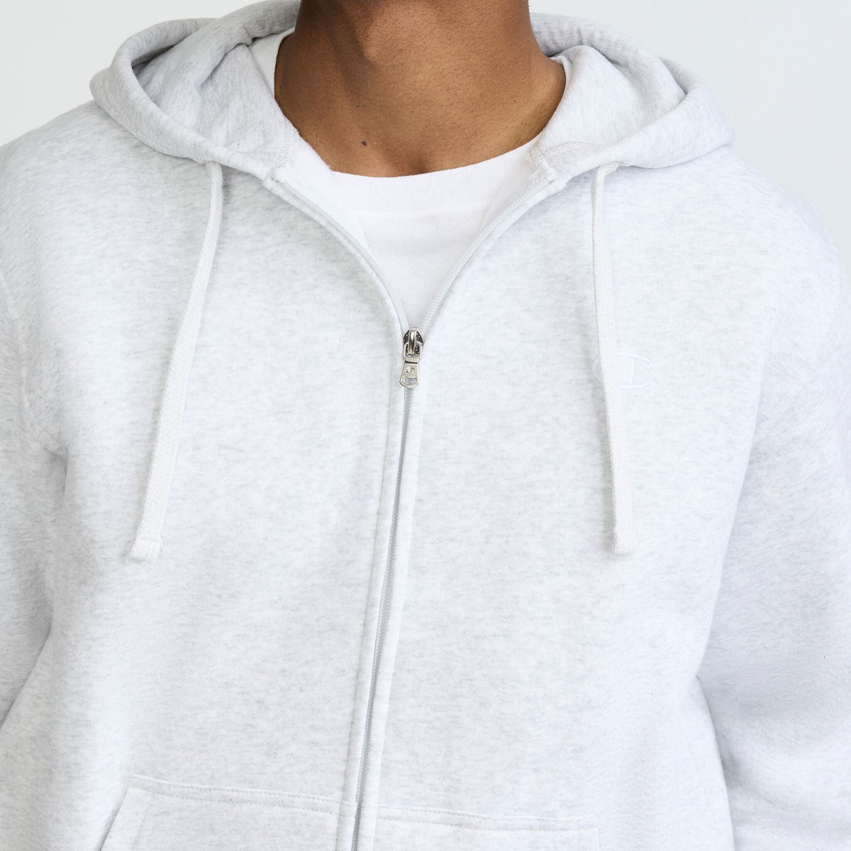Champion Powerblend Full-Zip Hoodie, C Logo in Platinum Silver Heather