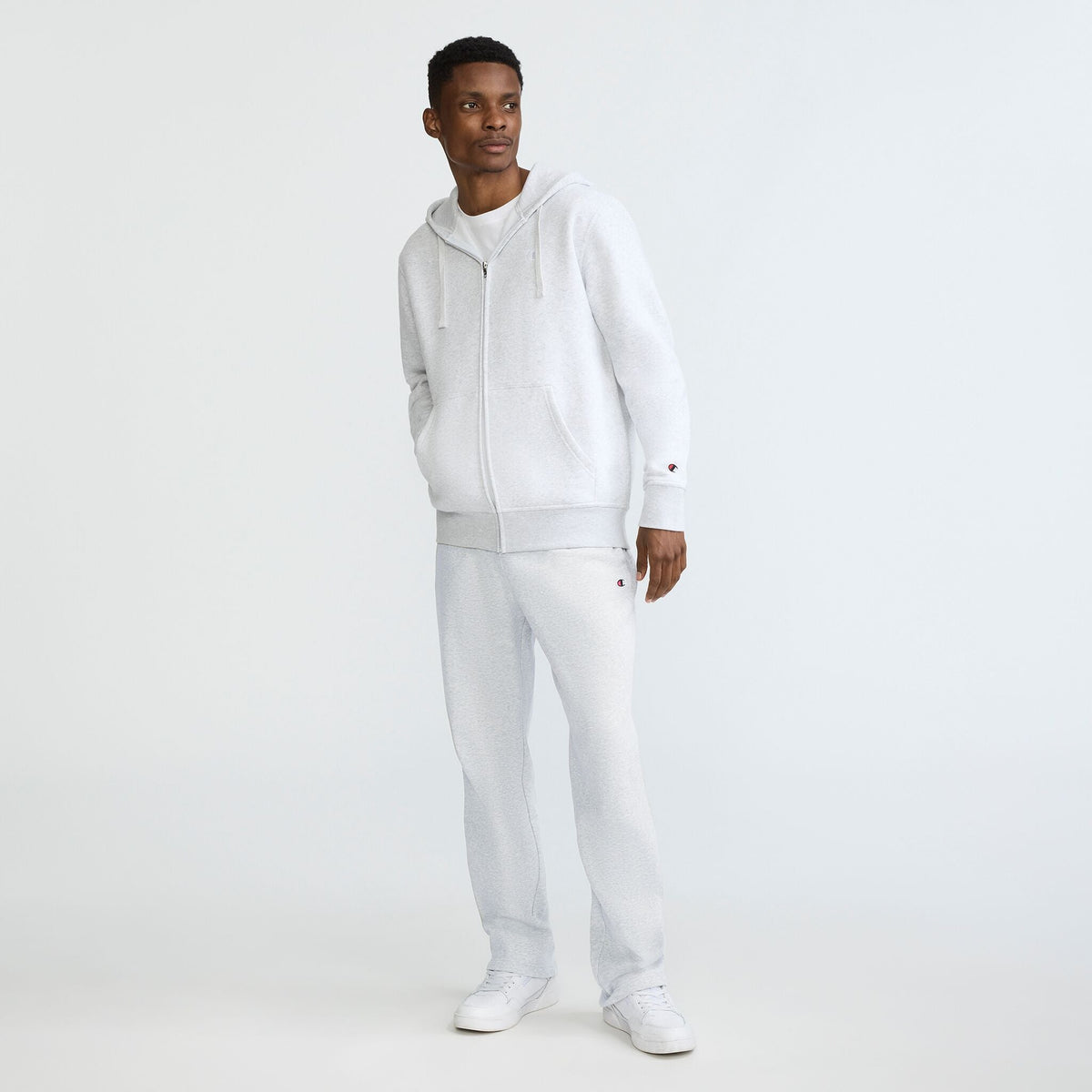 Champion Powerblend Full-Zip Hoodie, C Logo in Platinum Silver Heather