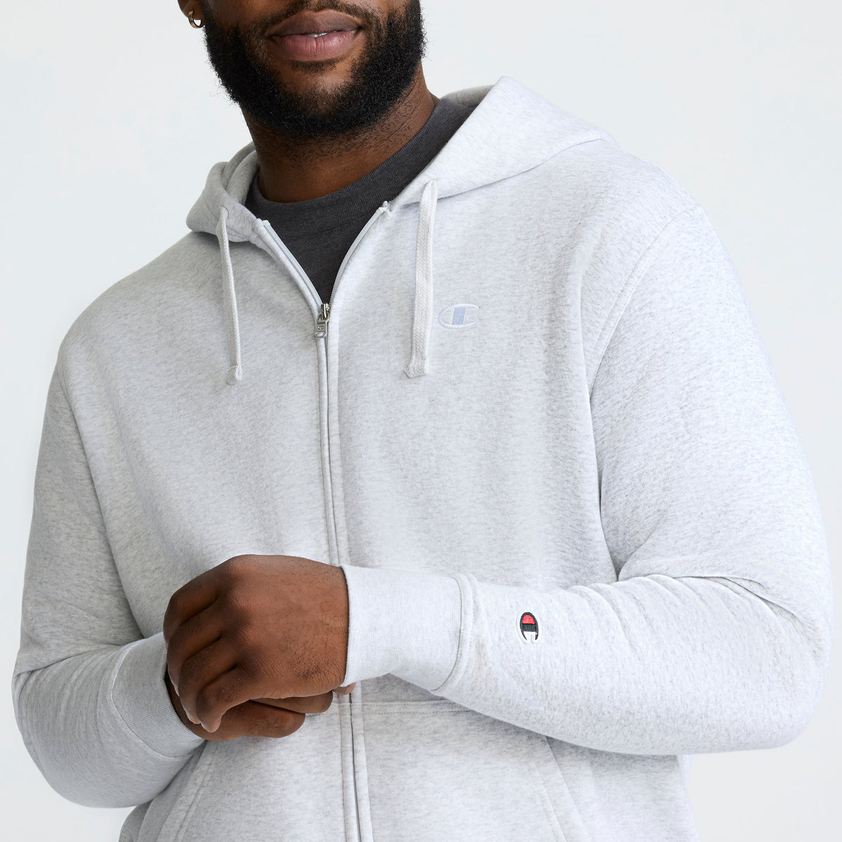 Champion Powerblend Full-Zip Hoodie, C Logo - Big & Tall in Platinum Silver Heather