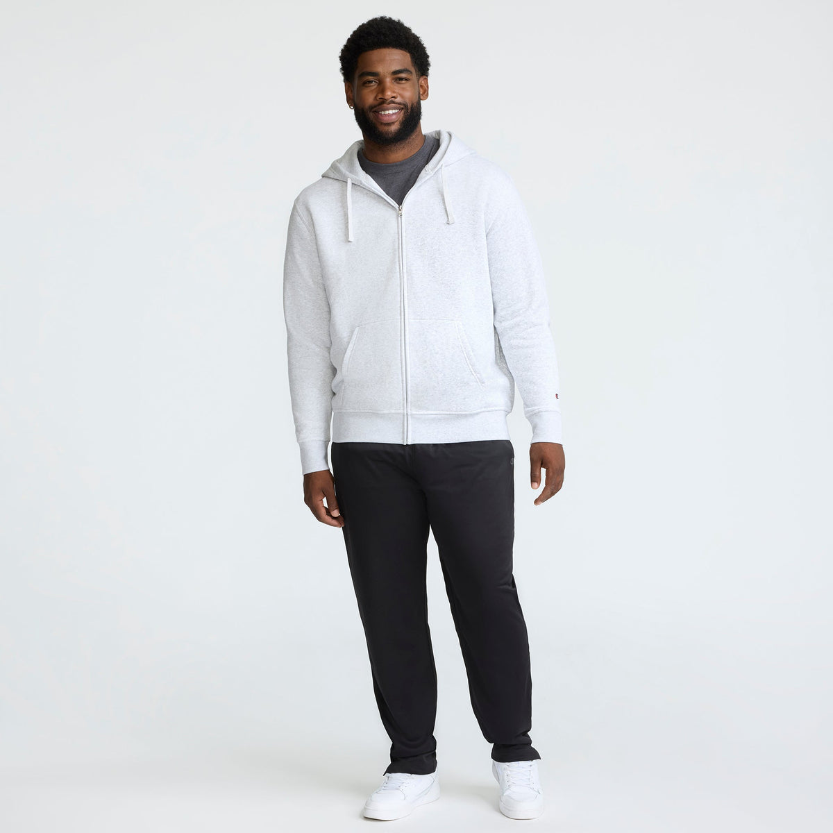 Champion Powerblend Full-Zip Hoodie, C Logo - Big & Tall in Platinum Silver Heather