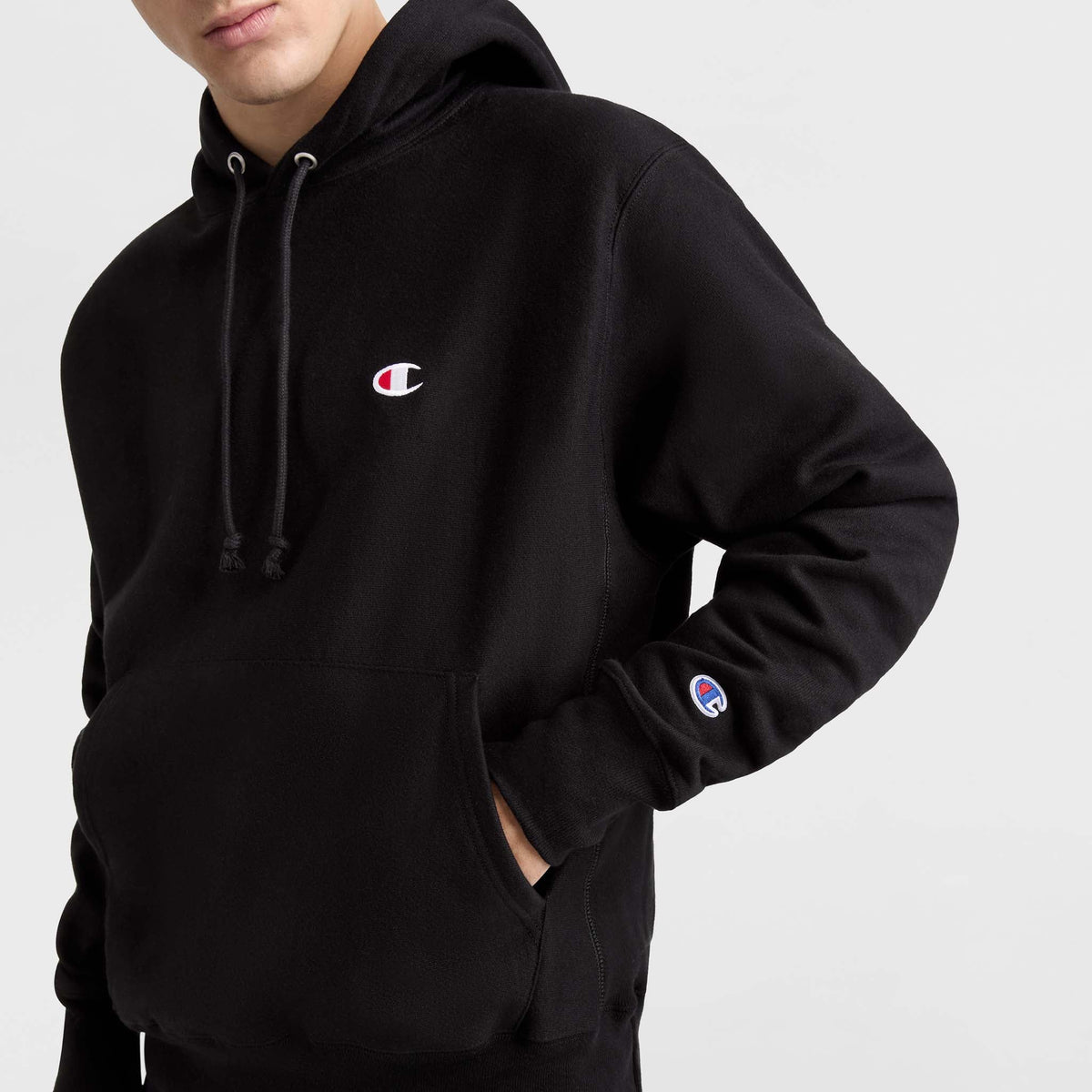 Champion Reverse Weave Hoodie, C Logo in Black