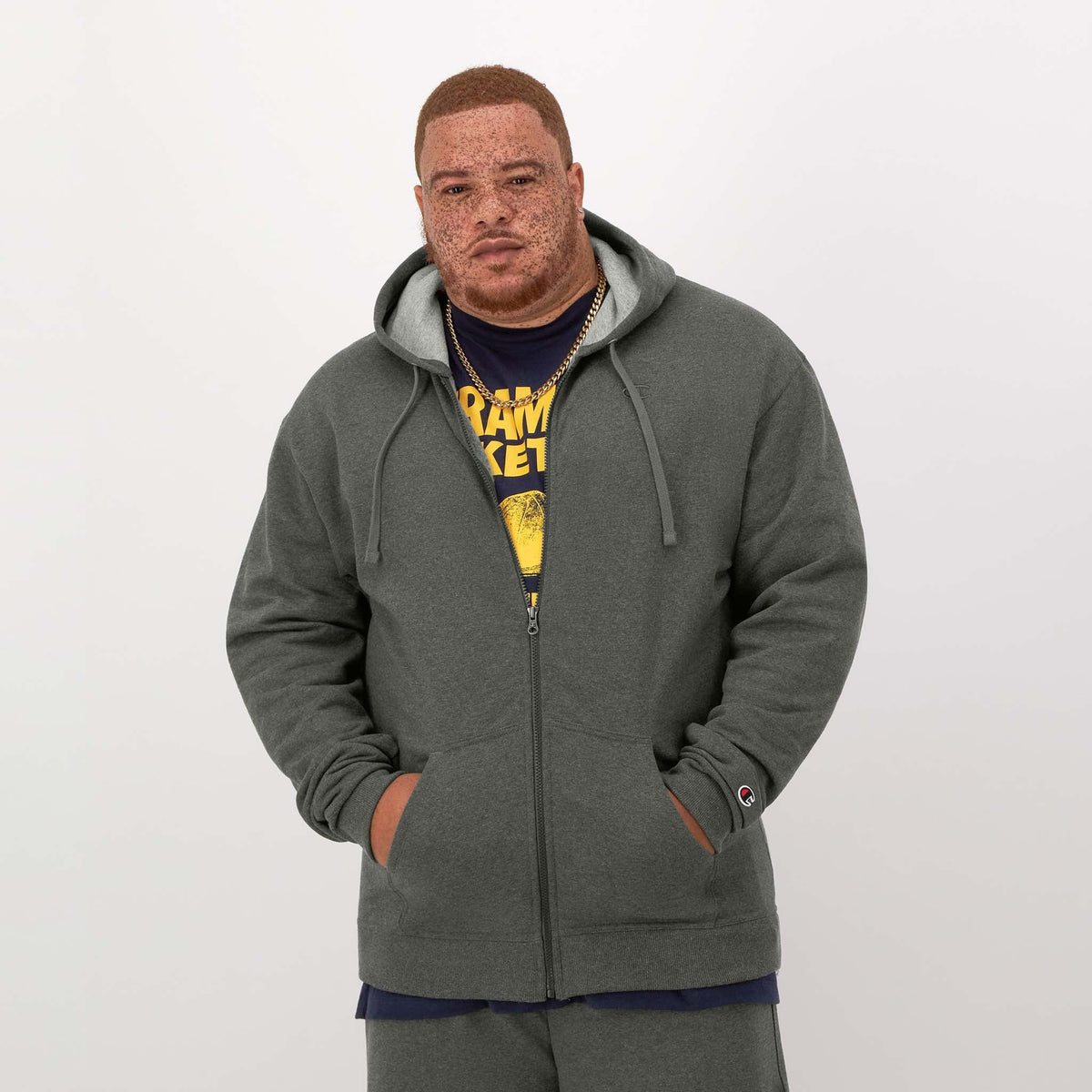 Champion Powerblend Full-Zip Hoodie, C Logo - Big & Tall in Granite Heather
