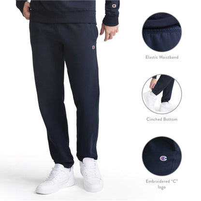 A person is shown wearing Champion Powerblend Sweatpants, Cinched Bottom, C Logo - Big & Tall, paired with white sneakers; close-up images highlight the elastic waistband, cinched bottom cuffs, and signature embroidered C logo detailing.