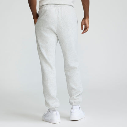 Champion Powerblend Sweatpants, Relaxed Hem, C Logo in Platinum Silver Heather