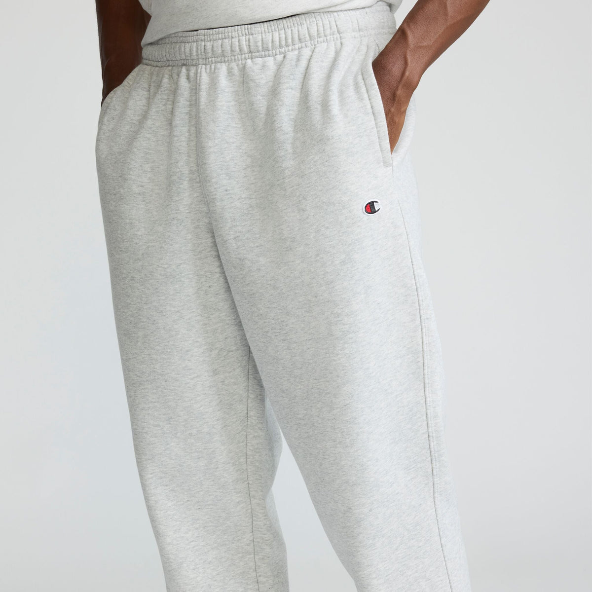 Champion Powerblend Sweatpants, Relaxed Hem, C Logo in Platinum Silver Heather