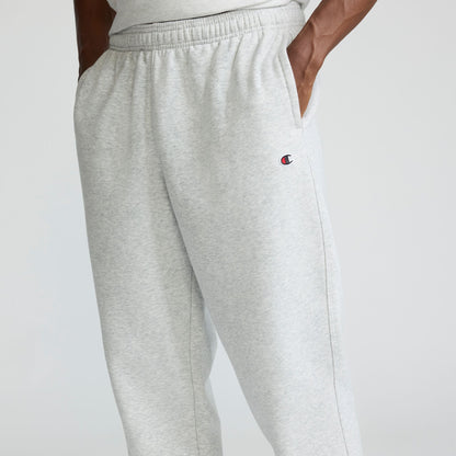 Champion Powerblend Sweatpants, Relaxed Hem, C Logo in Platinum Silver Heather