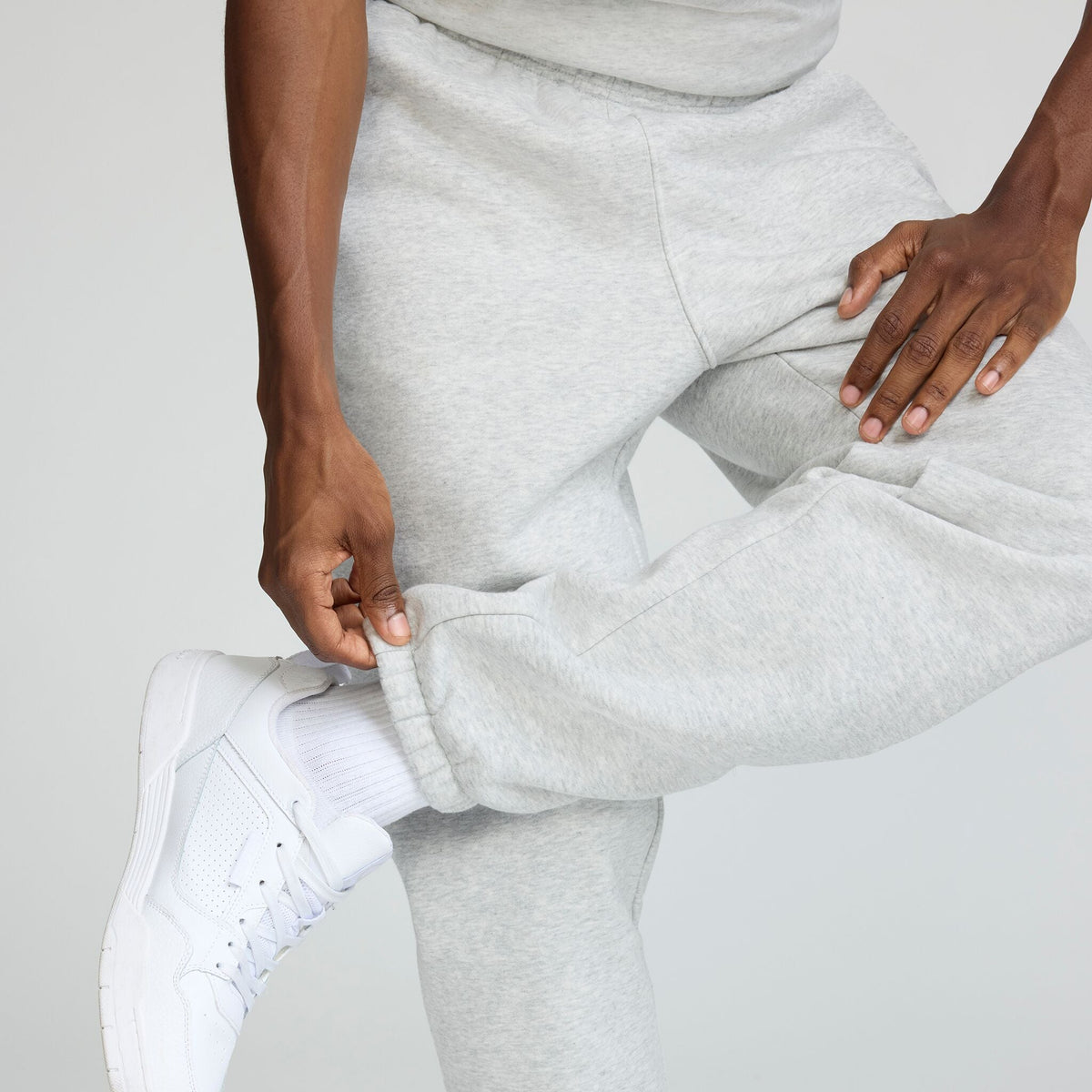Champion Powerblend Sweatpants, Relaxed Hem, C Logo in Platinum Silver Heather