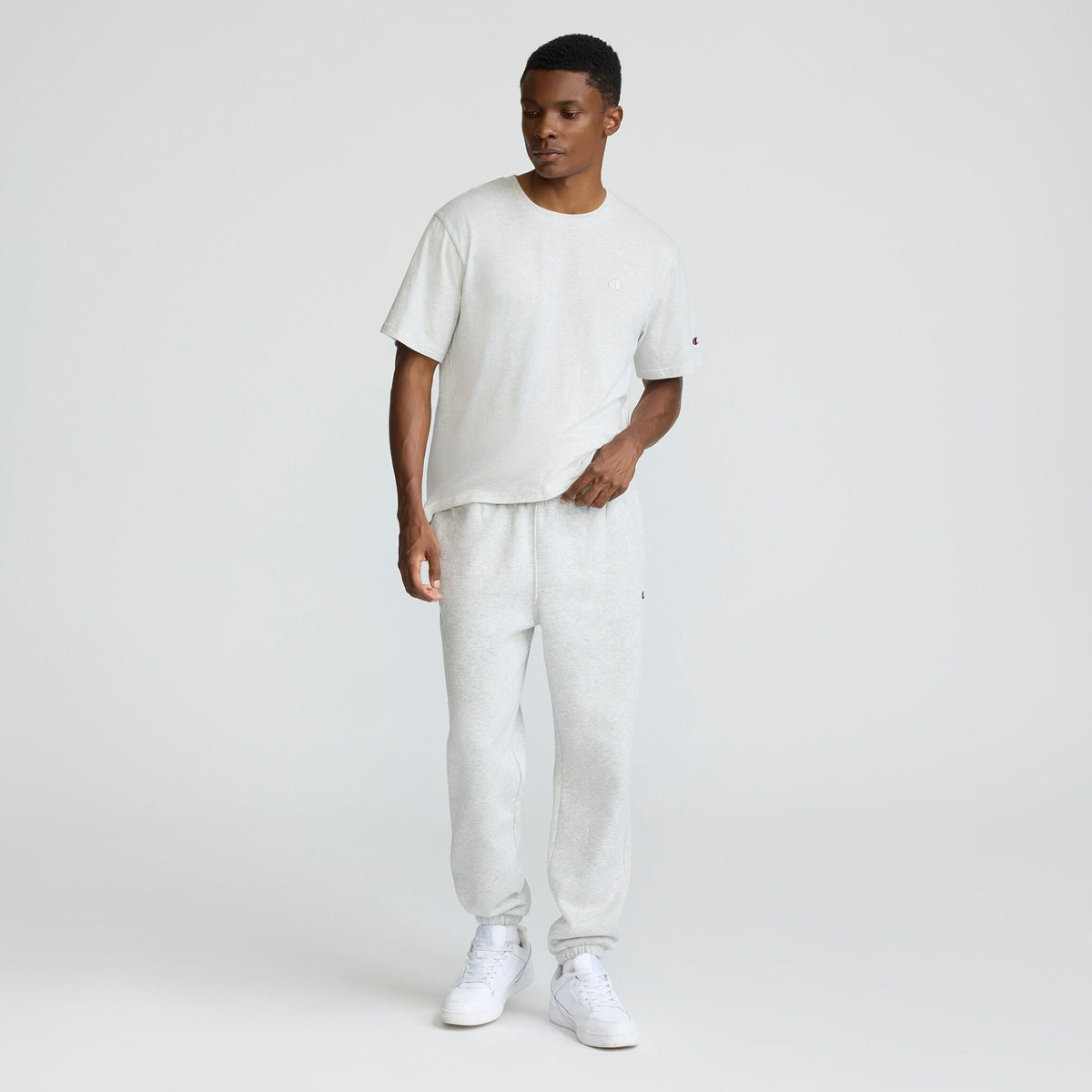 Champion Powerblend Sweatpants, Relaxed Hem, C Logo in Platinum Silver Heather