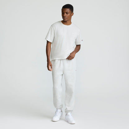 Champion Powerblend Sweatpants, Relaxed Hem, C Logo in Platinum Silver Heather