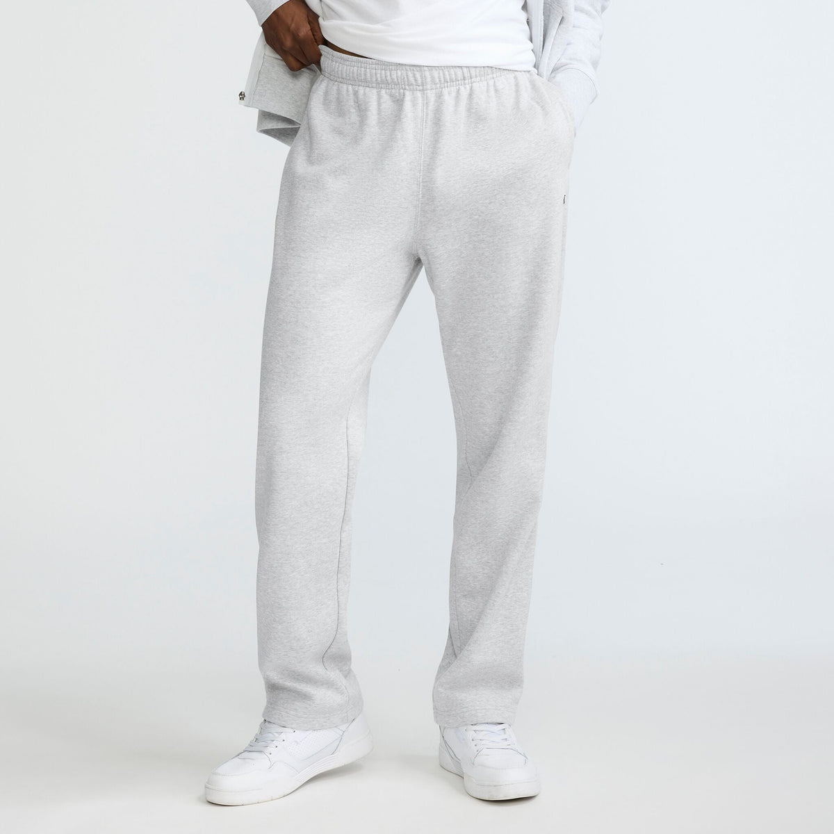 Champion Powerblend Sweatpants, Open Hem, C Logo in Platinum Silver Heather