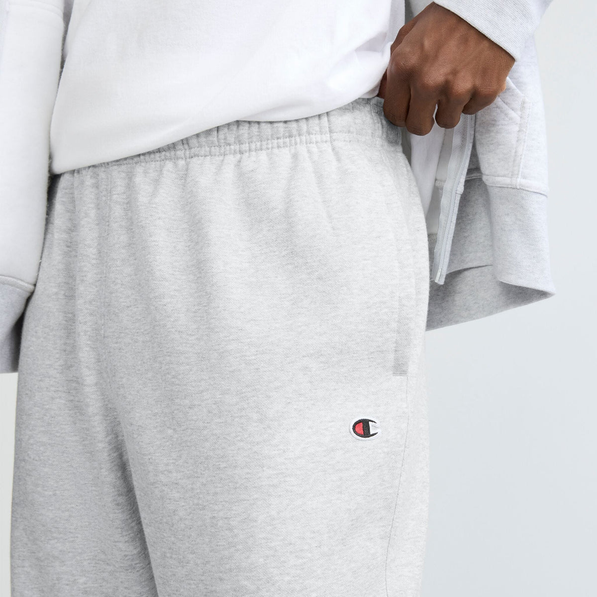 Champion Powerblend Sweatpants, Open Hem, C Logo in Platinum Silver Heather
