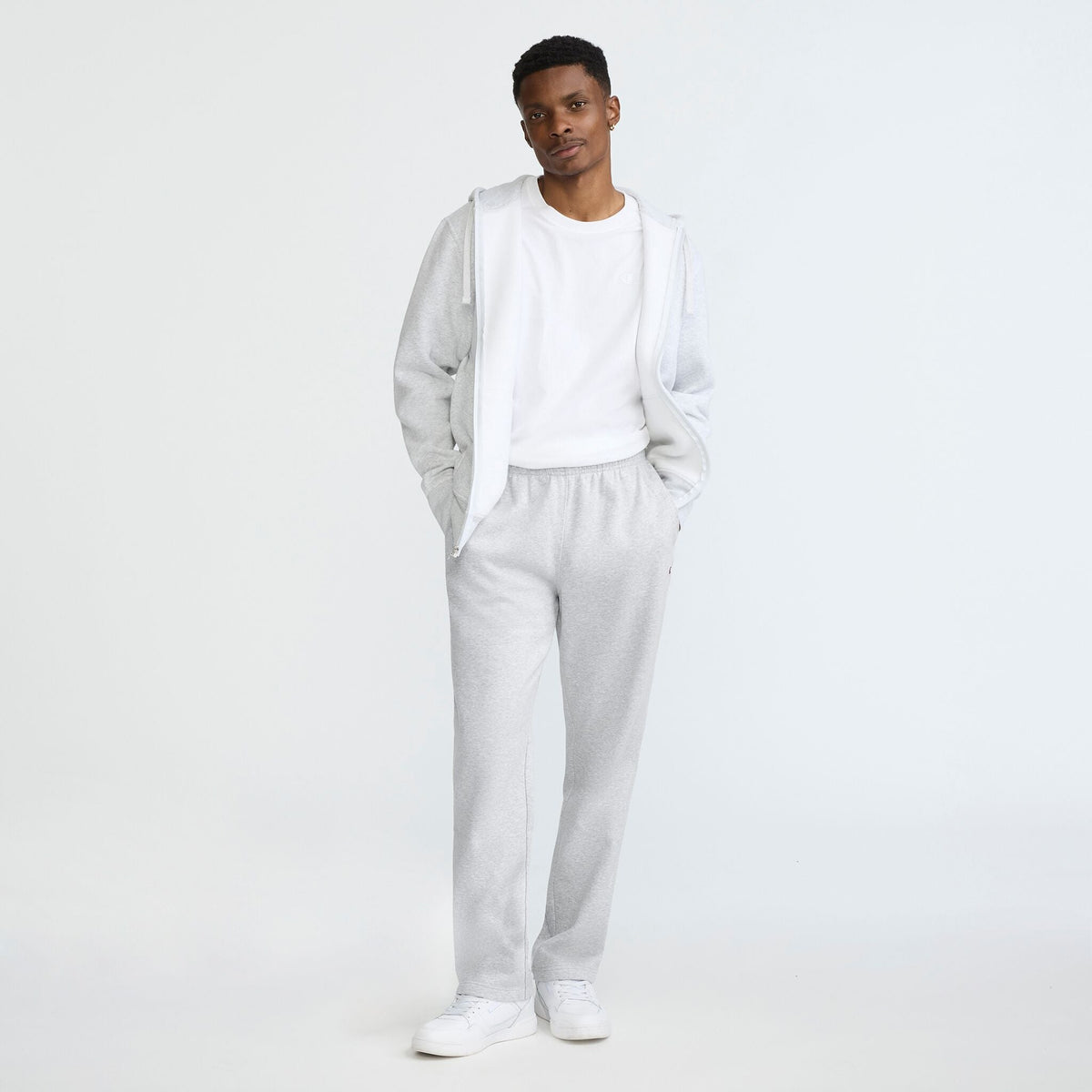 Champion Powerblend Sweatpants, Open Hem, C Logo in Platinum Silver Heather