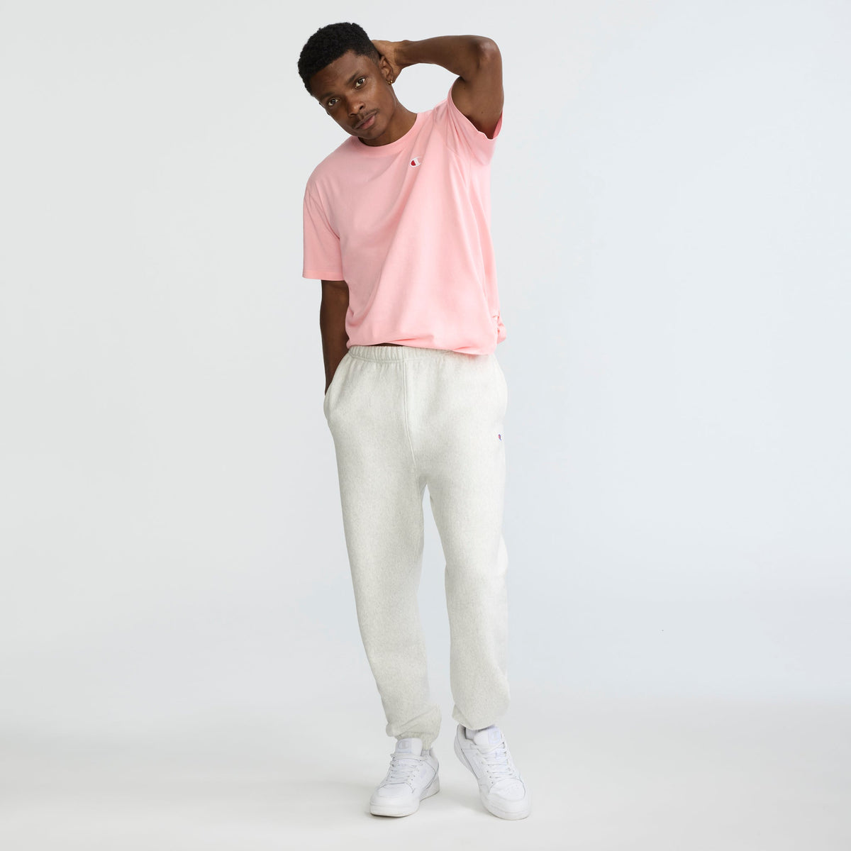 Champion Reverse Weave Sweatpants, C Logo in Platinum Silver Heather