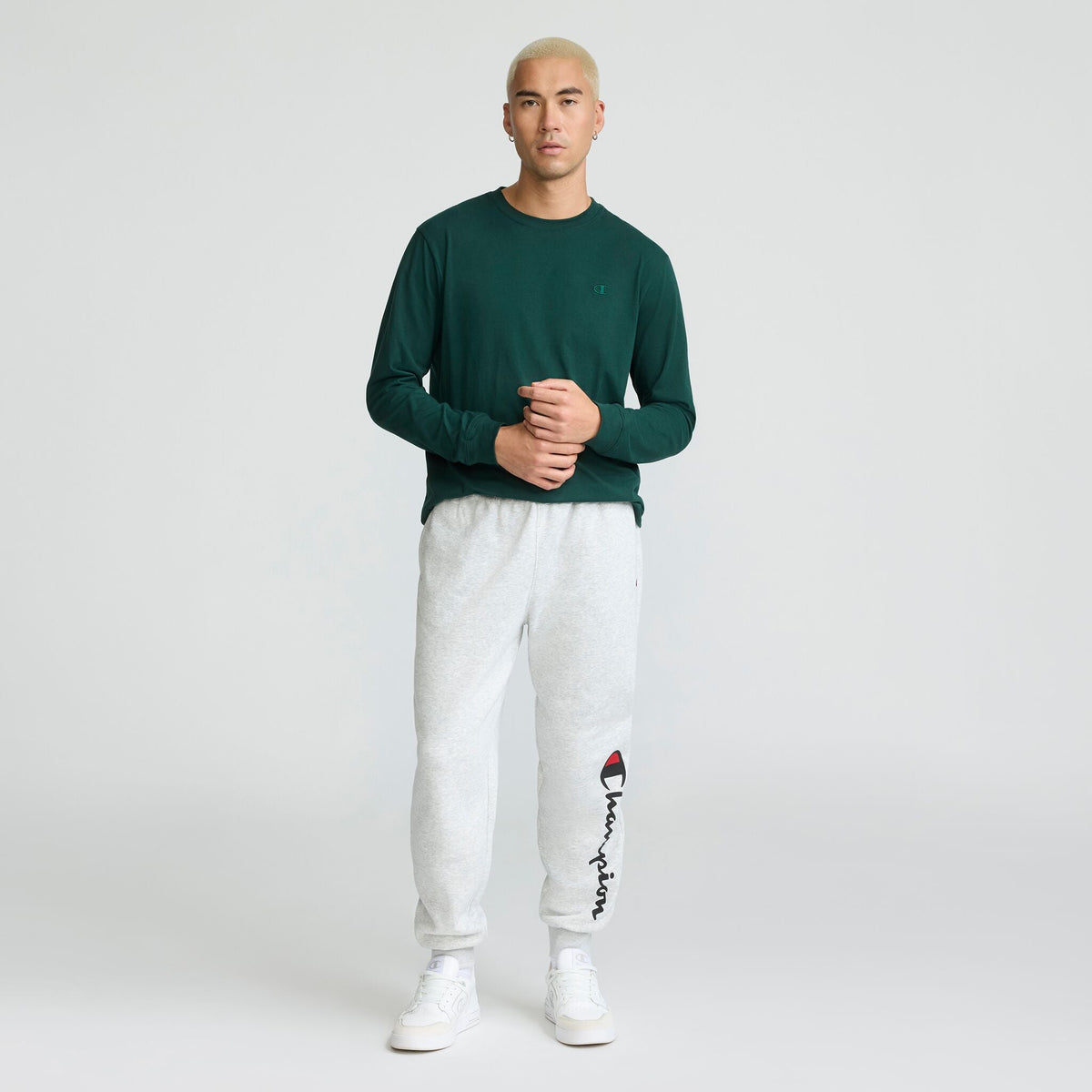 Champion Powerblend Joggers, Script Logo in Platinum Silver Heather