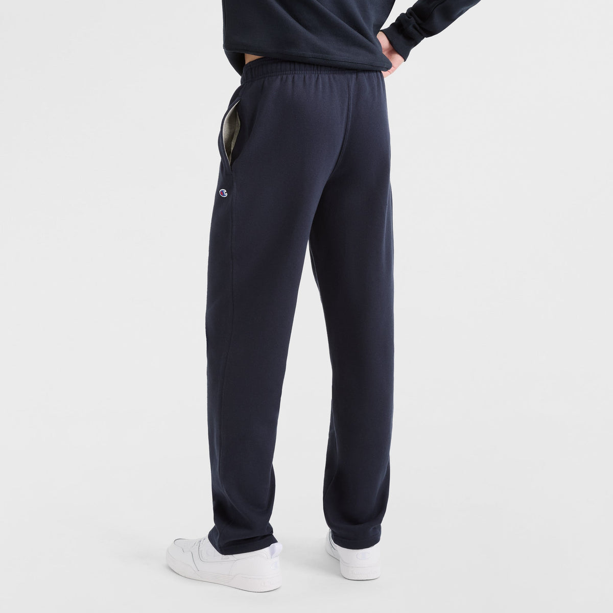 Champion Powerblend Sweatpants, Open Hem, C Logo in Navy