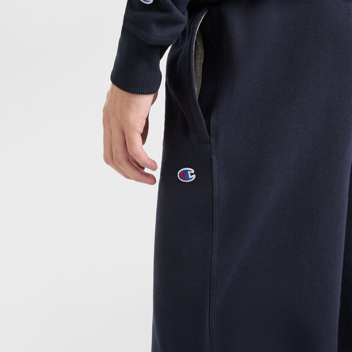 Champion Powerblend Sweatpants, Open Hem, C Logo in Navy