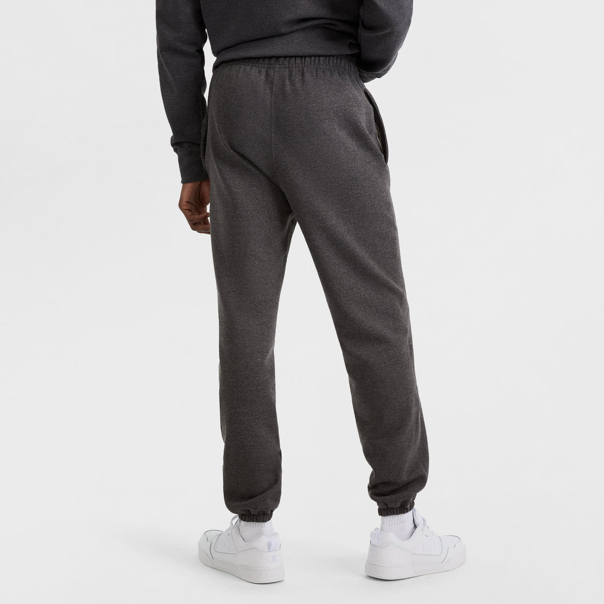 Champion Powerblend Sweatpants, Relaxed Hem, C Logo in Granite Heather