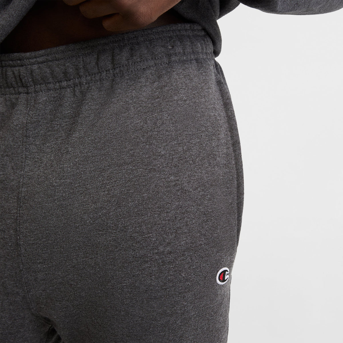 Champion Powerblend Sweatpants, Relaxed Hem, C Logo in Granite Heather