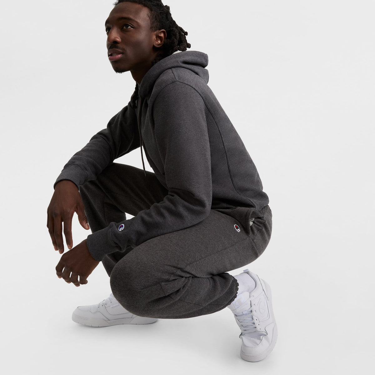 Champion Powerblend Sweatpants, Relaxed Hem, C Logo in Granite Heather