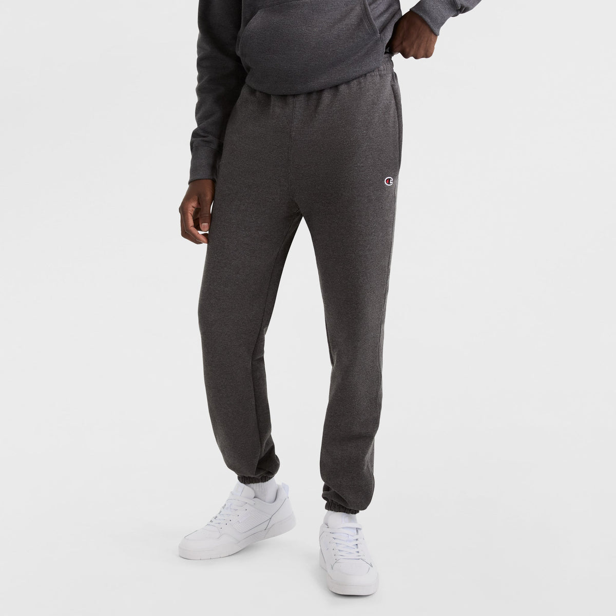 Champion Powerblend Sweatpants, Relaxed Hem, C Logo in Granite Heather